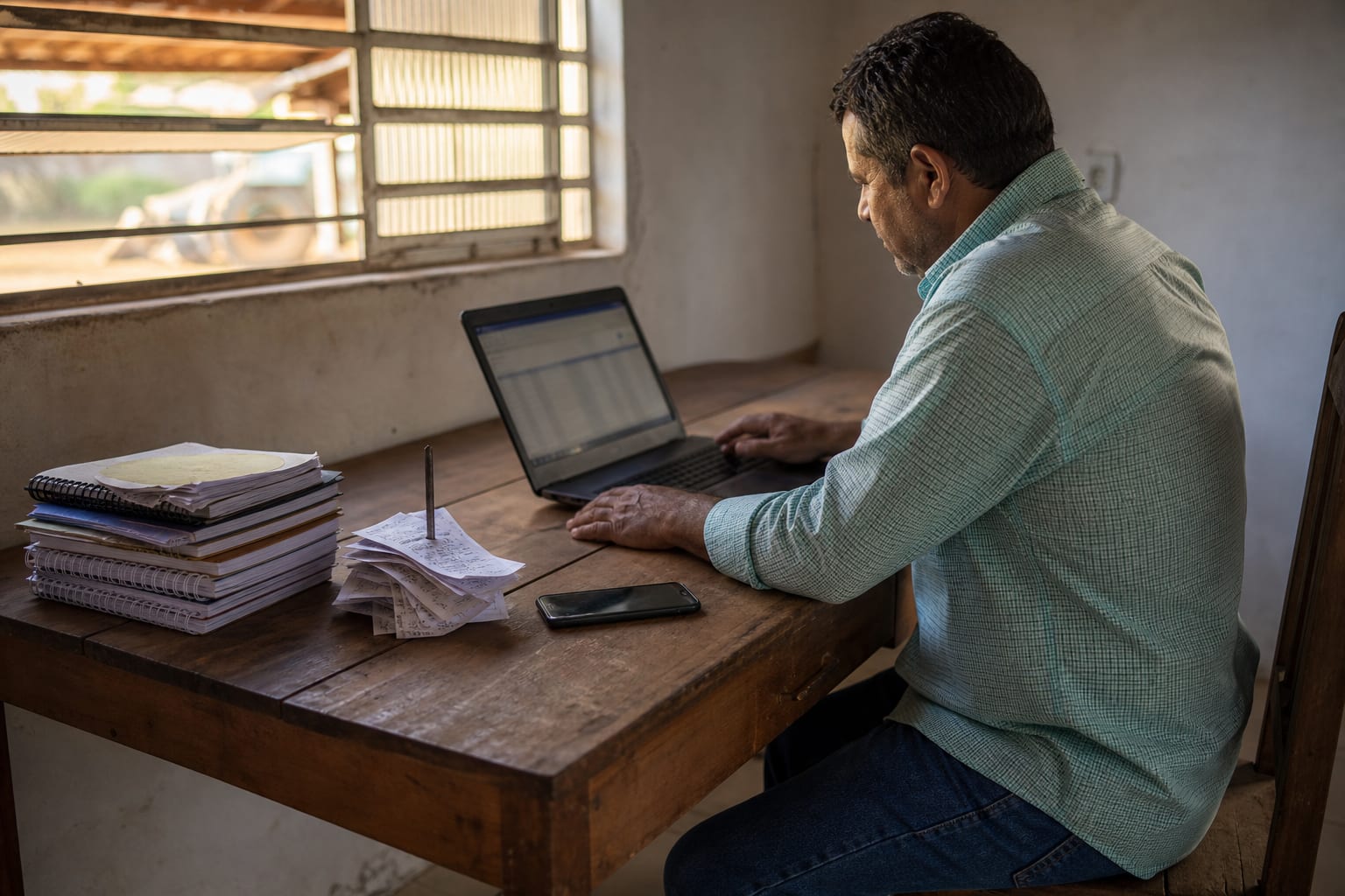 Mesa do escritório da fazenda com notebook, blocos de anotação usados e notas fiscais de insumo espetadas em um prego