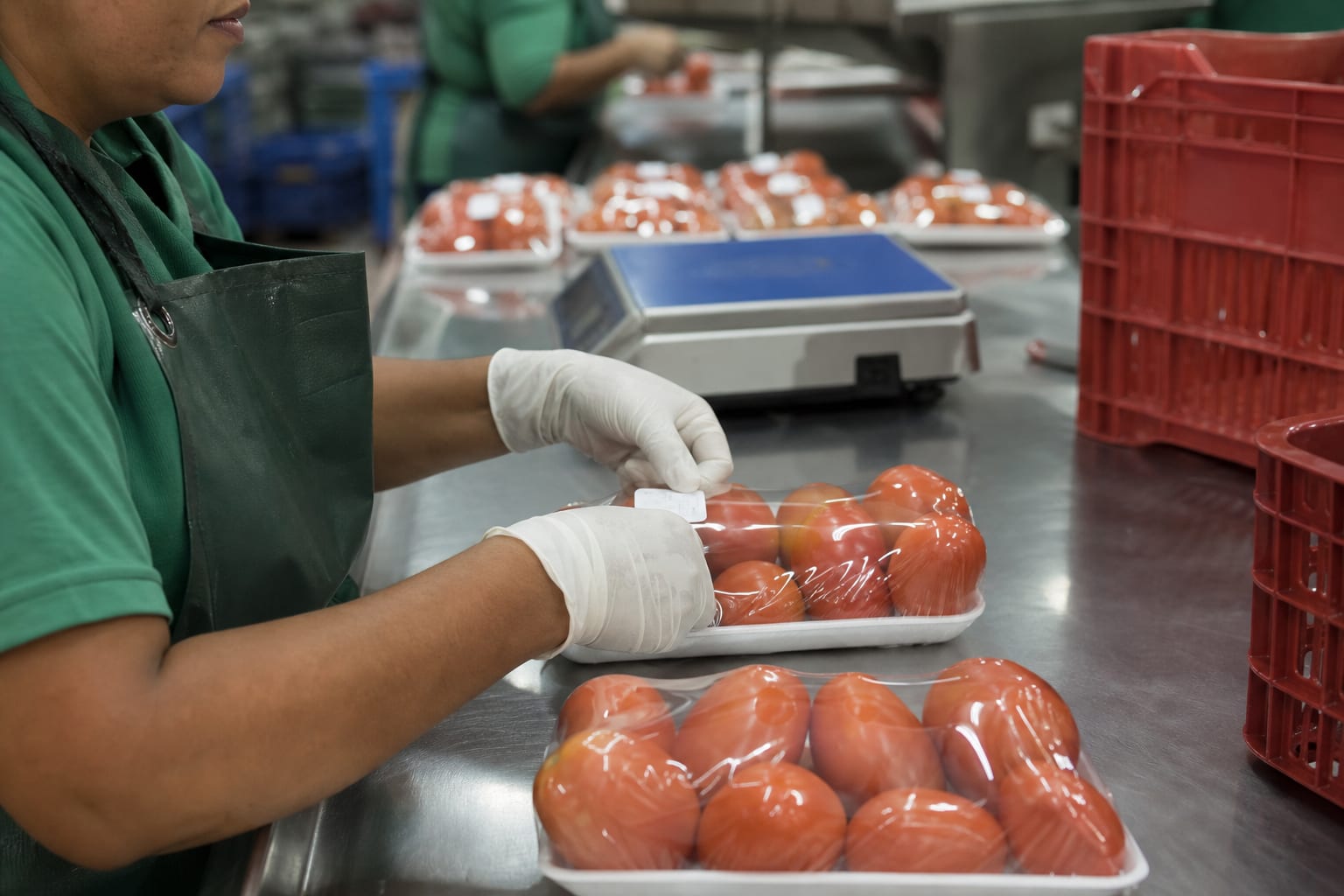 Mãos com luva colando etiquetas em bandejas de tomate na bancada de classificação de um packing house