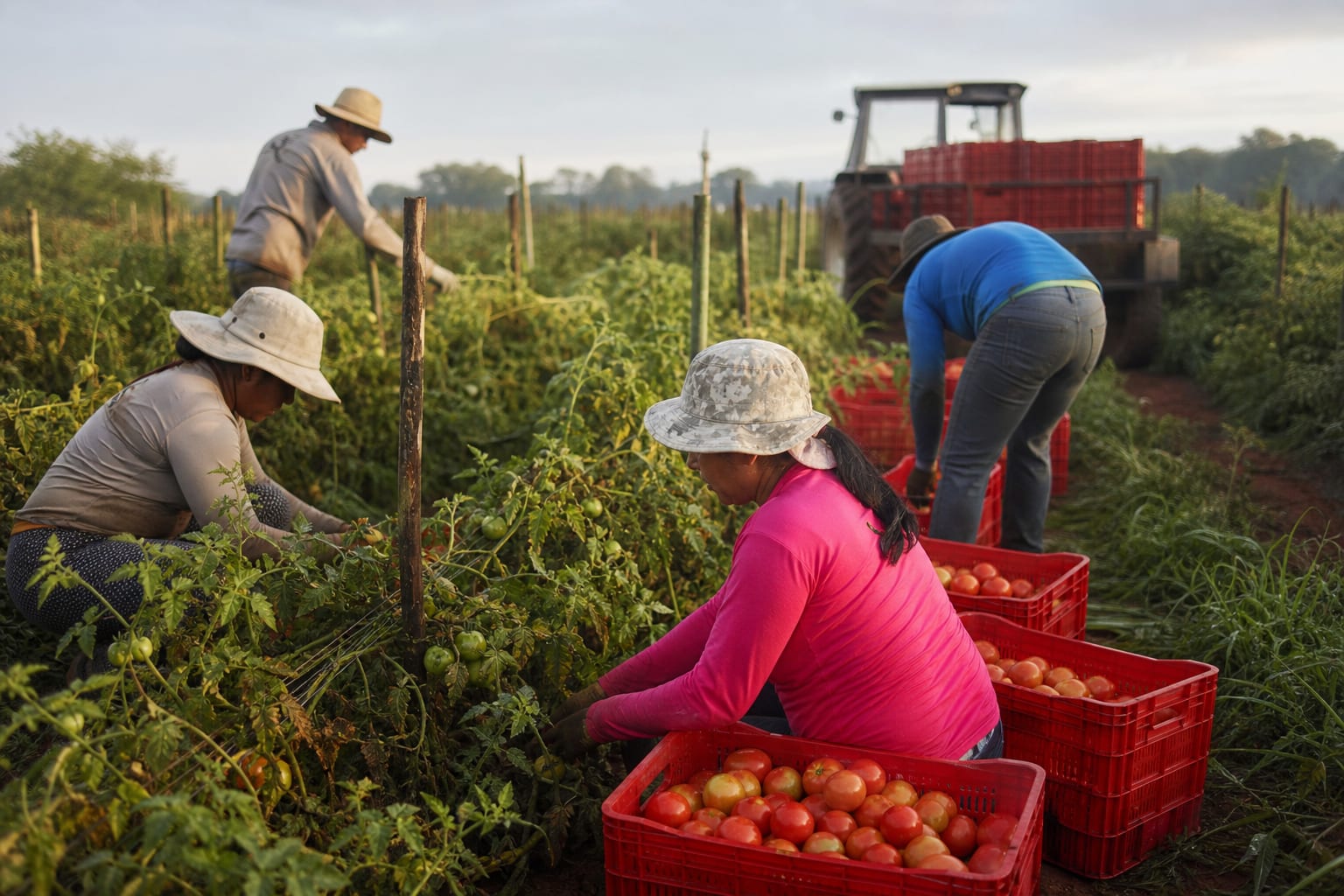 Turma de colheita enchendo caixas plásticas vermelhas em lavoura de tomate estaqueado, com trator e carreta na cabeceira