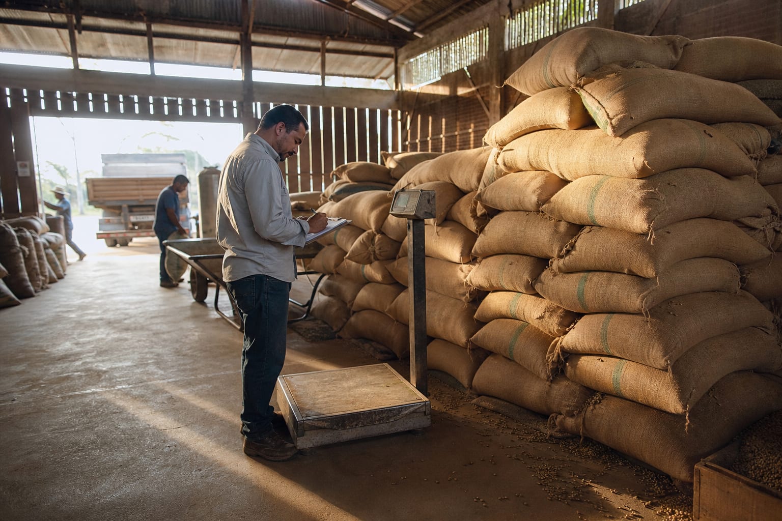 Sacas de café empilhadas ao lado de balança de plataforma em galpão, com trabalhador conferindo o peso
